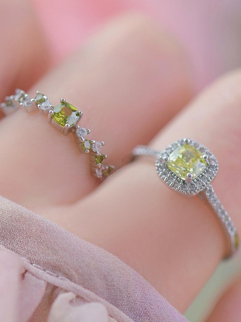 Silver Ring Set with Yellow-Green Gemstones